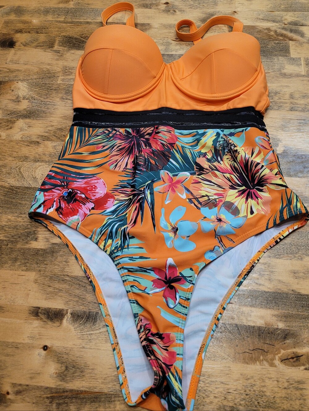 Orange Floral High-Waist Women One-Piece Swimsuit